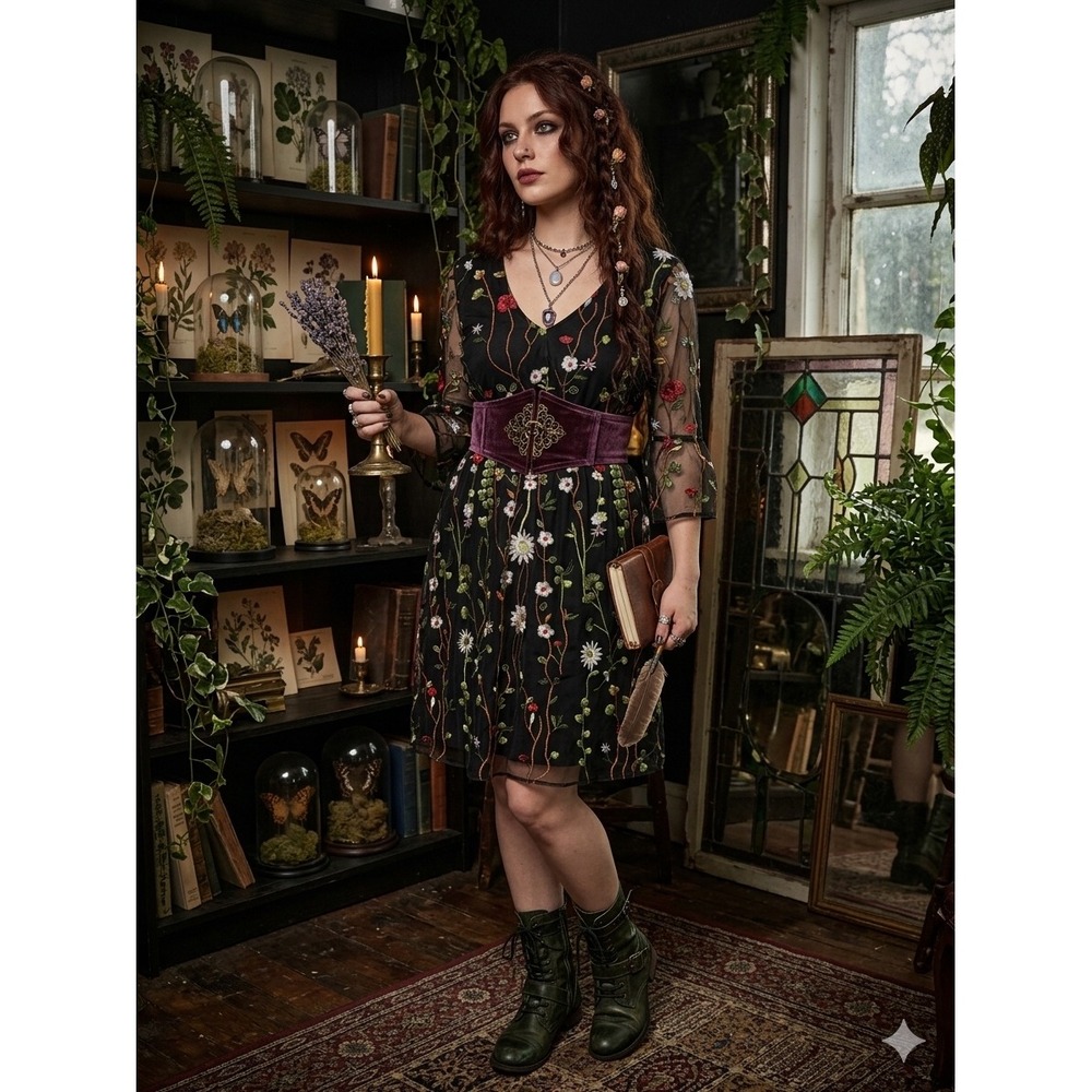 Floral Embroidered Mesh Dress 6 Black V-Neck Bell Sleeve Whimsigoth Boho Fairy